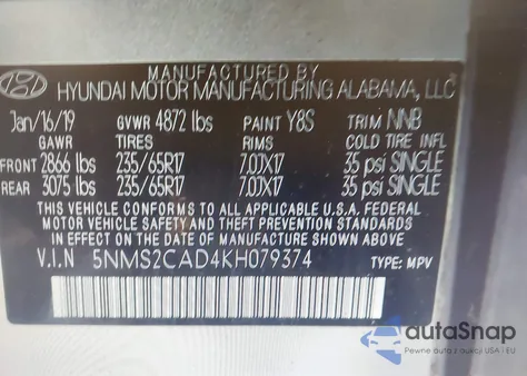 2019 Hyundai Santa Fe Se from USA, damaged, VIN 5NMS2CAD4KH079374